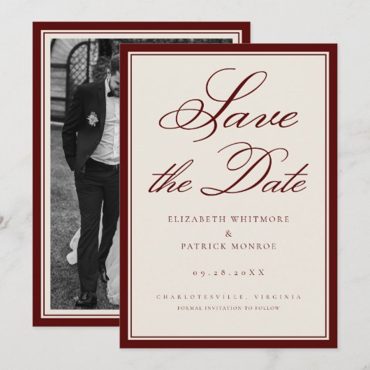 Diepe Bourgogne Landgoed Formeel Script Foto Bruil Save The Date (Voorkant / Achterkant)