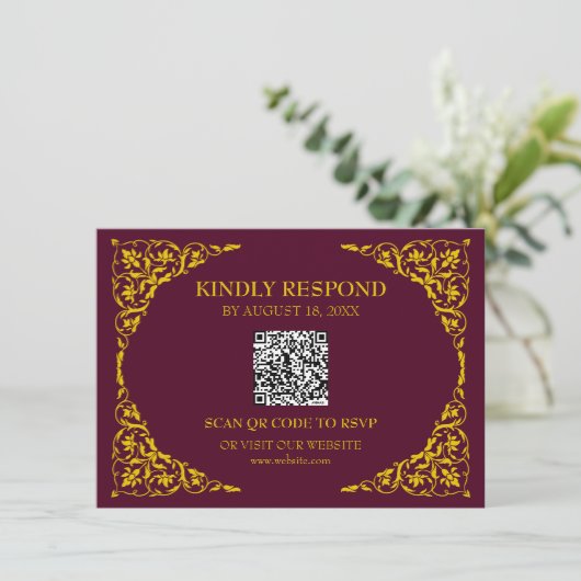 Diepe Bourgogne QR RSVP Kaart (Staand voorkant)