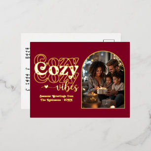 Diepe Bourgondië en Goud Gezellige Vibes Retro Ker Folie Feestdagen Briefkaart