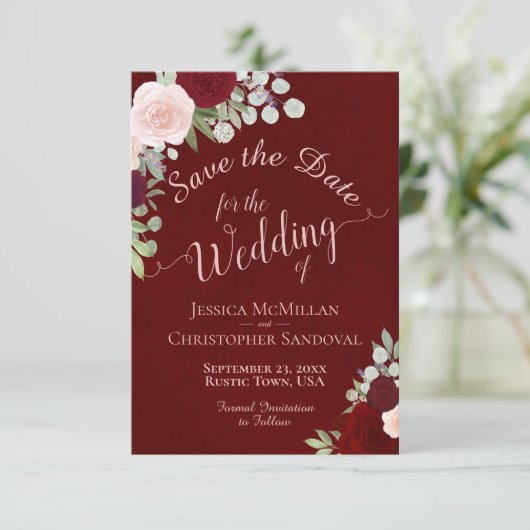 Diepe Bourgondische Rode Waterverf Bloemen Boho Hu Save The Date (Staand voorkant)