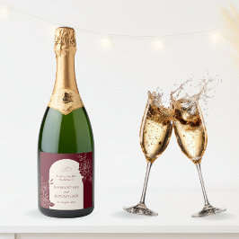 Diepe Burgundy Bloemen met Ivoren Boog Bruiloft Sparkling Wijnetiket