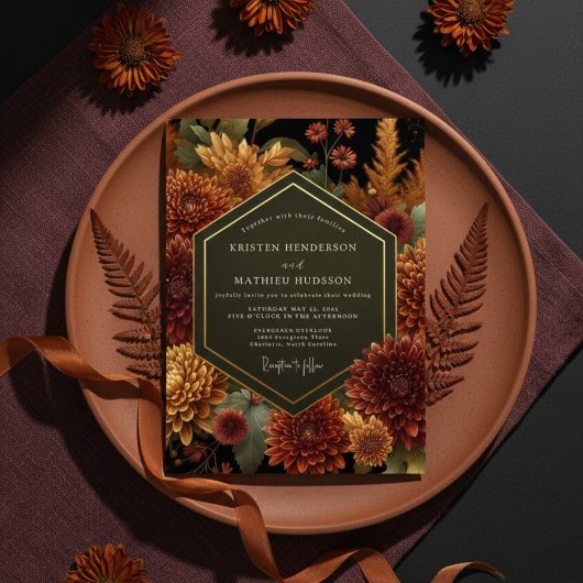 Diepe Burgundy Bloemrijke Herfst Bruiloft Kaart