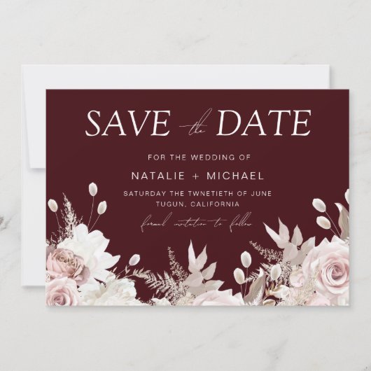 Diepe Burgundy Blush Boho Bloemen Bruiloft Save The Date (Voorkant)