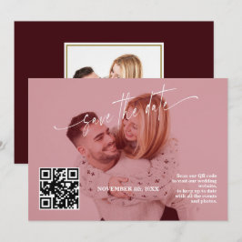 Diepe Burgundy Calligrafie QR Code Foto Bruiloft   Save The Date