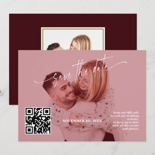 Diepe Burgundy Calligrafie QR Code Foto Bruiloft   Save The Date (Voorkant / Achterkant)