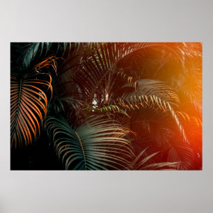 Diepe donkergroene palmbladeren met een helder of poster