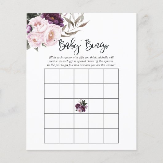 Diepe Fluwelen Bloem Baby Shower Bingo (Voorkant)