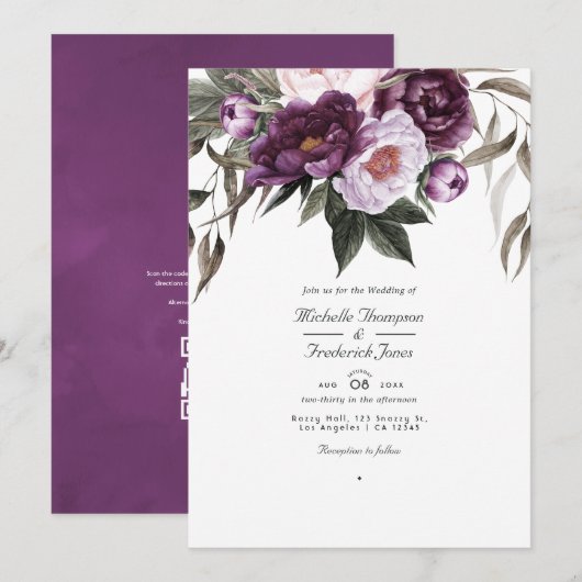 Diepe Fluwelen Bloemencode QR Code RSVP Huwelijk Kaart (Voorkant / Achterkant)