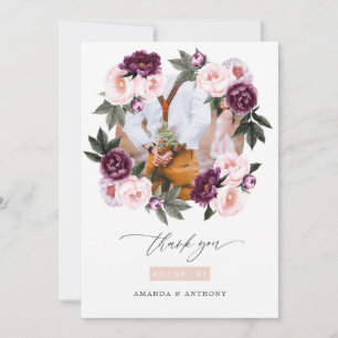 Diepe Fluwelen en Blush Roze Bloemige Trouwfoto Bedankkaart