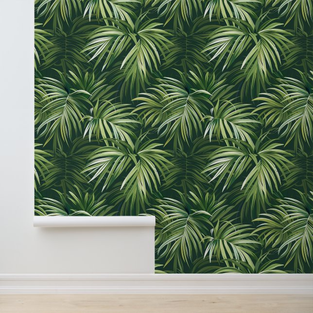 Diepe groene palmboom verlaat exotische flora behang (Applicatie)