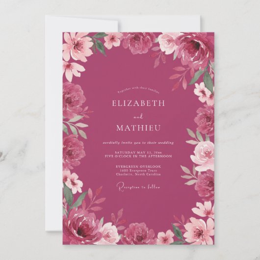 Diepe Magenta Bloem Huwelijk Kaart (Voorkant)