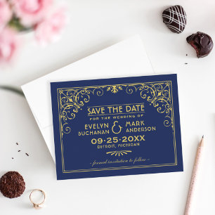 Diepe marine goud art deco lijst trouwen save the date