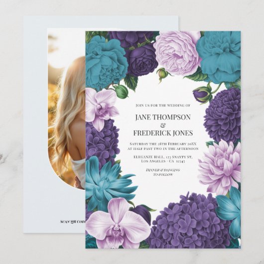 Diepe marine, leisteen orchidee & wolk lila trouwe kaart (Voorkant / Achterkant)