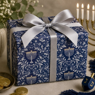 Diepe marine menorah William Morris patroon Cadeaupapier