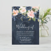 Diepe marineslag Waterverf Blush Pink Floral Weddi Kaart (Staand voorkant)