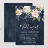 Diepe marineslag Waterverf Blush Pink Floral Weddi Kaart (Voorkant / Achterkant)