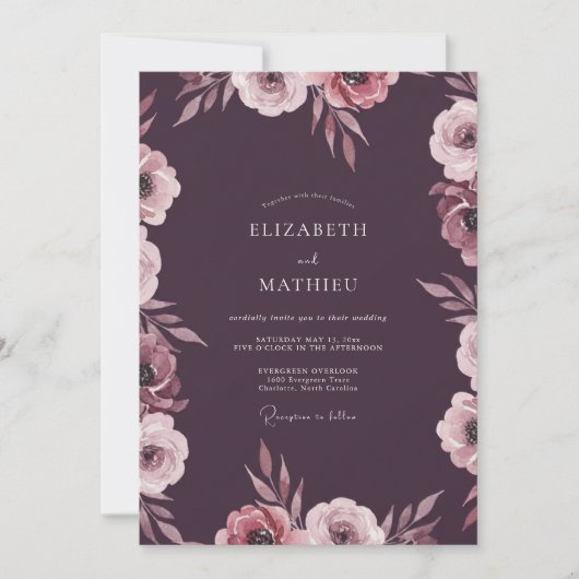 Diepe Mauve Bloemblad Bruiloft Kaart (Voorkant)