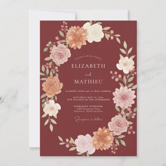 Diepe Merlot Geschilderd Bruiloftblad Kaart (Voorkant)