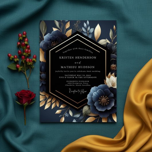 Diepe Navy Bloemrijke Luxe Bruiloft Kaart