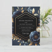 Diepe Navy Bloemrijke Luxe Bruiloft Kaart (Staand voorkant)