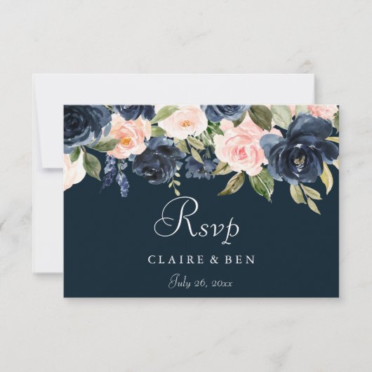 Diepe Navy Blush Bloemen Bruiloft RSVP Kaartje (Voorkant)