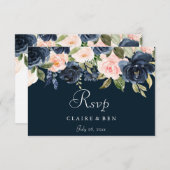 Diepe Navy Blush Bloemen Bruiloft RSVP Kaartje (Voorkant / Achterkant)