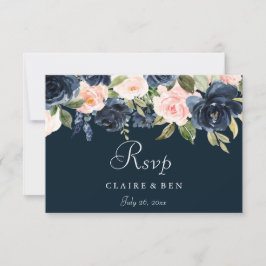 Diepe Navy Blush Bloemen Bruiloft RSVP Kaartje