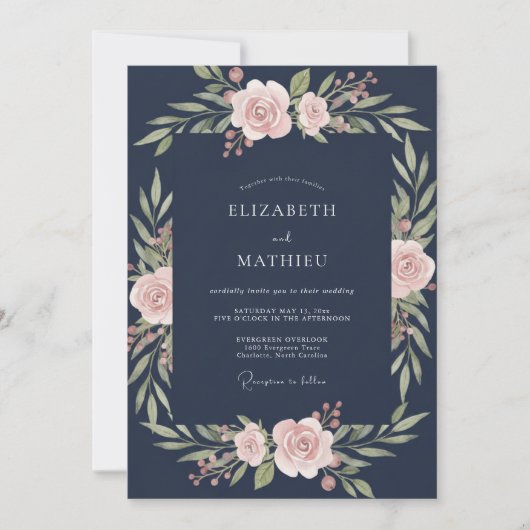 Diepe Navy Blush Watercolor Bruiloft Kaart (Voorkant)
