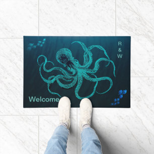 Diepe Ocean Blue met Octopus en 2 scholen vis Deurmat