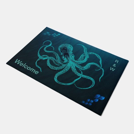 Diepe Ocean Blue met Octopus en 2 scholen vis Deurmat (Schuin)