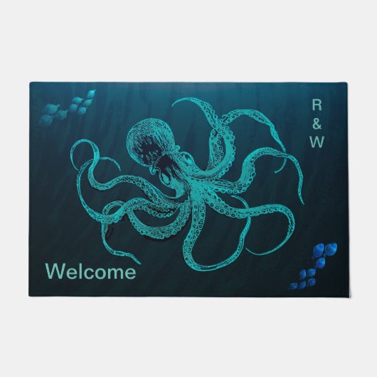 Diepe Ocean Blue met Octopus en 2 scholen vis Deurmat (Voorkant)