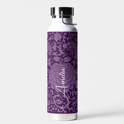 Diepe Paarse Bloemen Damast Monogram Waterfles (Links)