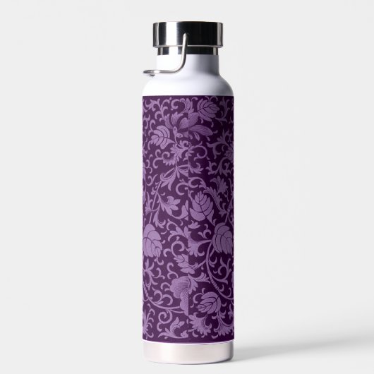 Diepe Paarse Bloemen Damast Monogram Waterfles (Rechts)