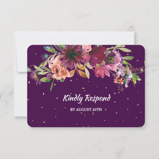 Diepe Paarse Bloemengoud Confetti Menu Bruiloft RS (Voorkant)