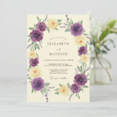 Diepe Paarse Crème Ranunculus Eucalyptus Bruiloft Kaart (Staand voorkant)