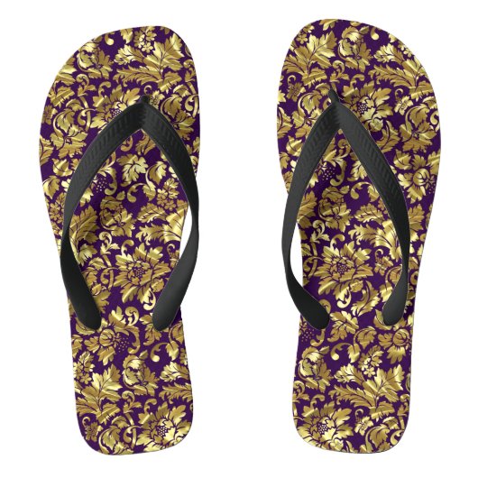 Diepe Paarse en gouden bloemdamast Teenslippers (Voetbed)