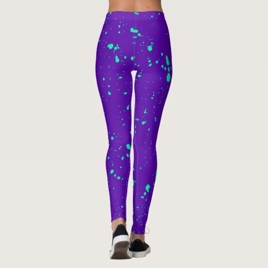Diepe Paarse en Neon Groene Verf Splatter Leggings (Achterkant)