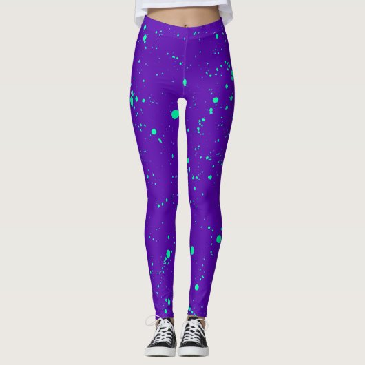Diepe Paarse en Neon Groene Verf Splatter Leggings (Voorkant)