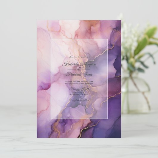 Diepe Paarse, Lavendel en Roos Gouden Inktbruiloft Kaart (Staand voorkant)