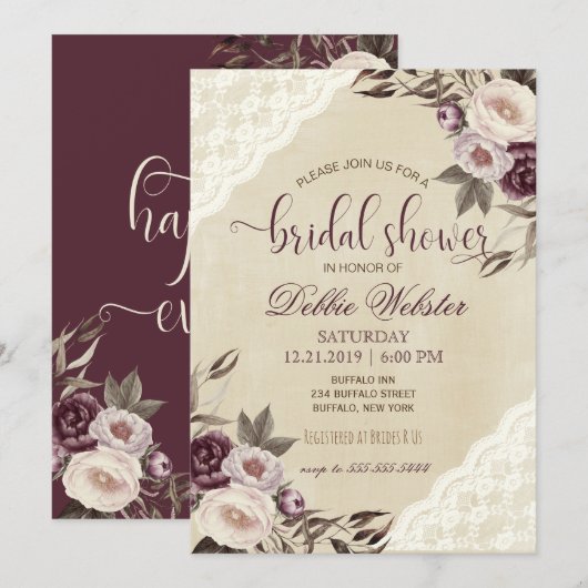 Diepe Paarse Pioenen Bruidsdouche Uitnodiging (Voorkant / Achterkant)