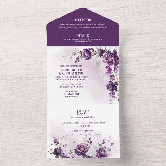 Diepe Paarse pioenrozen allemaal in één huwelijksu All In One Uitnodiging (Binnen)