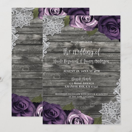 Diepe Paarse Rozen Grijs Rustiek Witte Bruiloftsla Kaart (Voorkant / Achterkant)