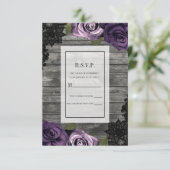 Diepe Paarse Rozen Rustige Wood Black Lace RSVP Kaart (Staand voorkant)