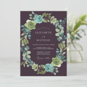 Diepe pruim aqua botanische bruiloft kaart (Staand voorkant)