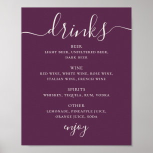 Diepe pruim elegante script bruiloft drankjes bar  poster