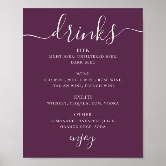 Diepe pruim elegante script bruiloft drankjes bar poster (Voorkant)