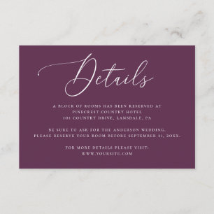 Diepe pruim elegante script bruiloft hotel details informatiekaartje