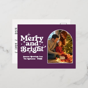 Diepe pruim en zilver Merry & Bright Retro Kerstmi Folie Feestdagen Briefkaart