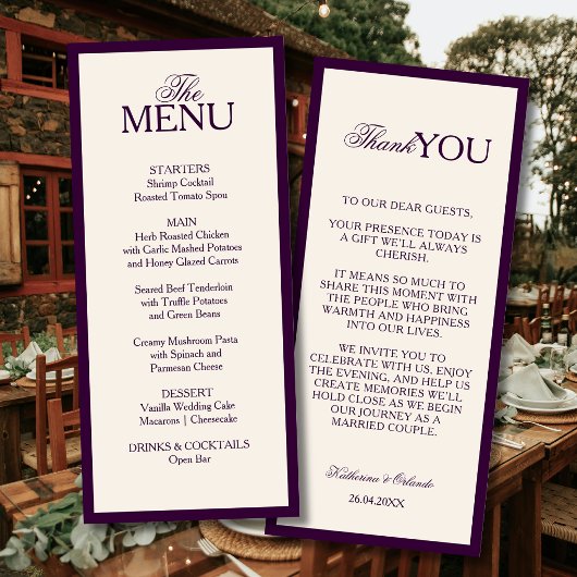 Diepe pruim oude geld bruiloft menu dank je brief