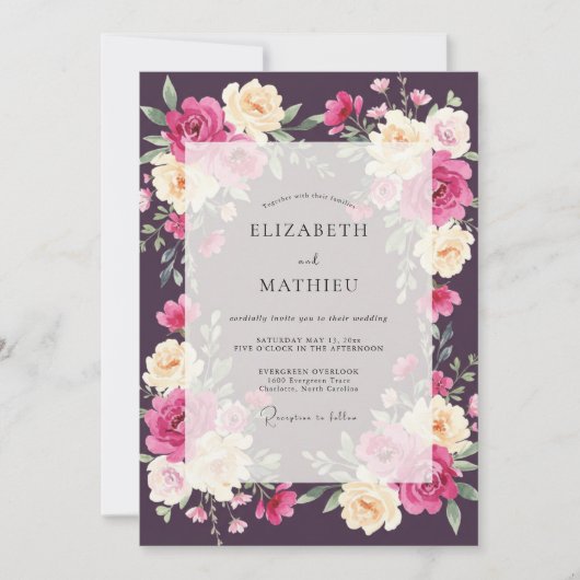 Diepe Pruim Ranunculus Zachte Eucalyptus Bruiloft Kaart (Voorkant)